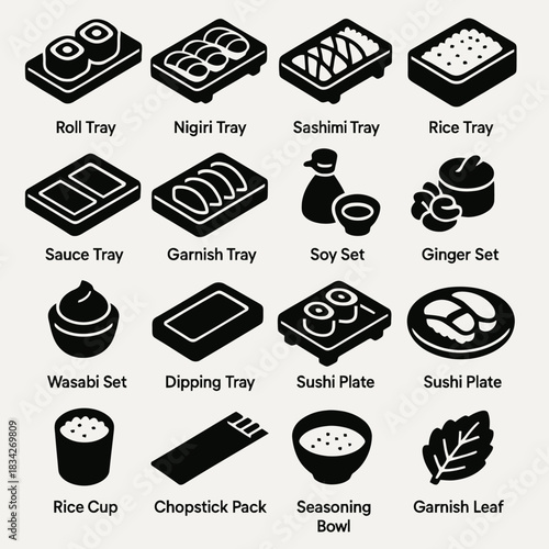 Icon set of japanese food items: sushi, rice, soy sauce, wasabi, chopsticks