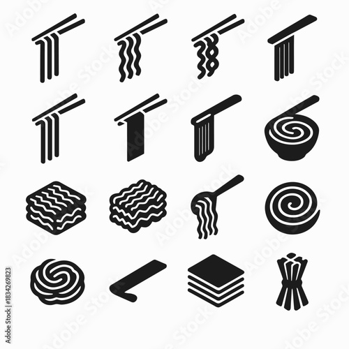 Collection of various noodle icons in black and white design