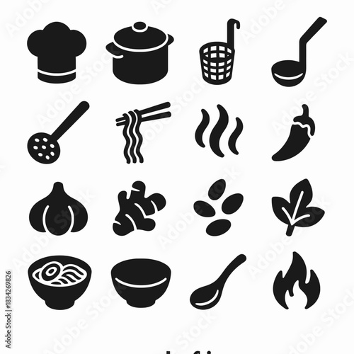 Silhouette icons of kitchenware and ingredients including spices, noodles, and cooking utensils