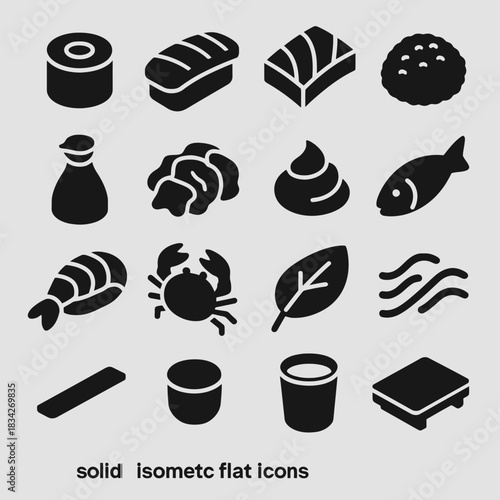 Solid black food icons: sushi, crab, leaf, fish, and more