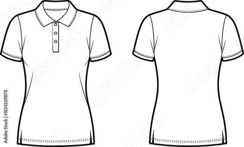 Title:Womens short sleeve polo shirt fashion flat sketches front and back viewsKeywords:womenswear, fashion design, apparel