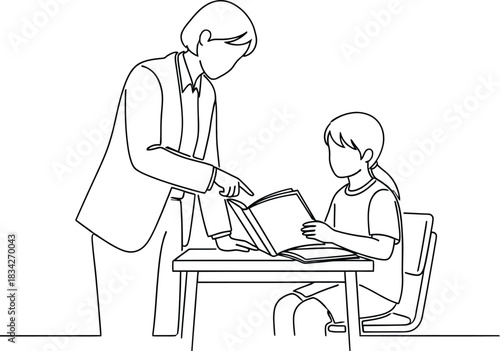 Teacher helping student with studies in classroom line art illustration