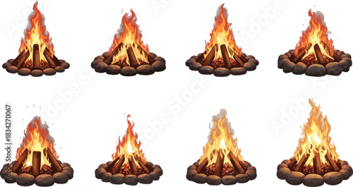 Campfire burning brightly with logs and stones in a cartoon style illustration