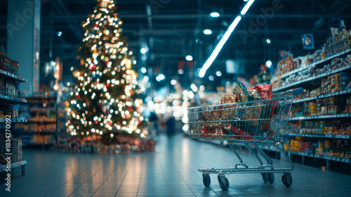 Christmas tree in a shopping cart, filled with gifts, inside a supermarket in the background