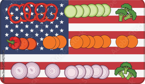 Patriotic Vegetable Arrangement Fresh Produce on American Flag Background Healthy Food Concept