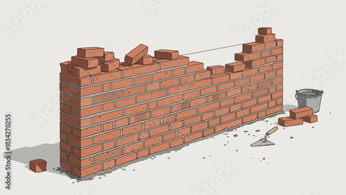 Partially constructed red brick wall with masonry tools and materials nearby