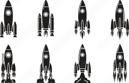 Set of different rocket launch icons in black and white style