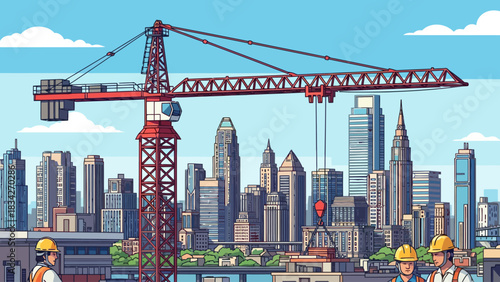 Pixel art construction scene with a large red crane towering over a city skyline