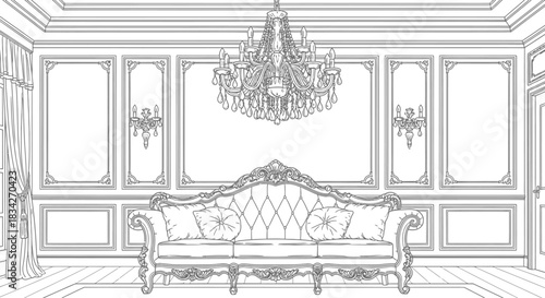 Ornate living room interior with chandelier and sofa in line art illustration