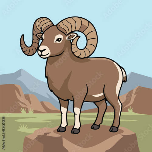 Cute Argali Sheep (Ovis Ammon) Standing On Rock, Wild Mountain Ram Animal Character In Flat Design Style Vector Illustration