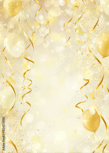 Golden sparkling party background with festive confetti, streamers, balloons, and bokeh lights creating an elegant, celebratory atmosphere with central copy space.