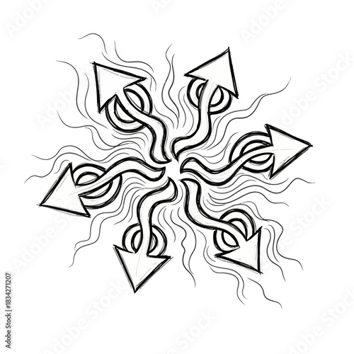 Hand drawn arrows radiating outward from a central point in black and white