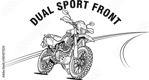 Detailed line art of a dual sport motorcycle on a road ready for adventure