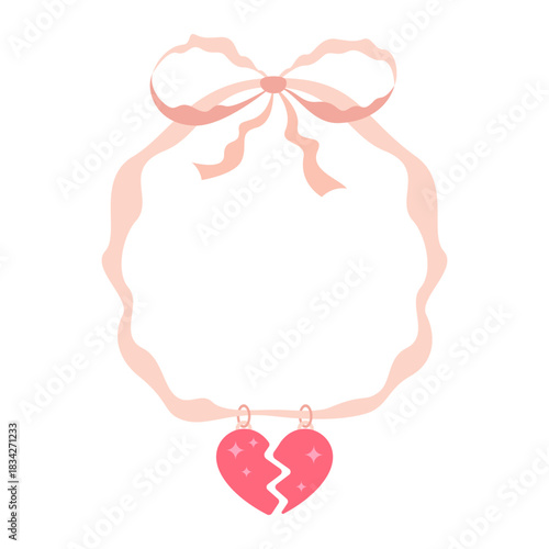 Heart halves on a satin ribbon. Vector illustration of a necklace decoration in a flat style. Gift for Valentine's Day.