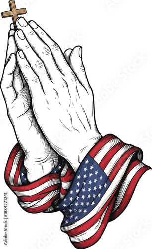 Praying hands holding a cross wrapped in an American flag illustration of faith and patriotism representing religious freedom and national identity