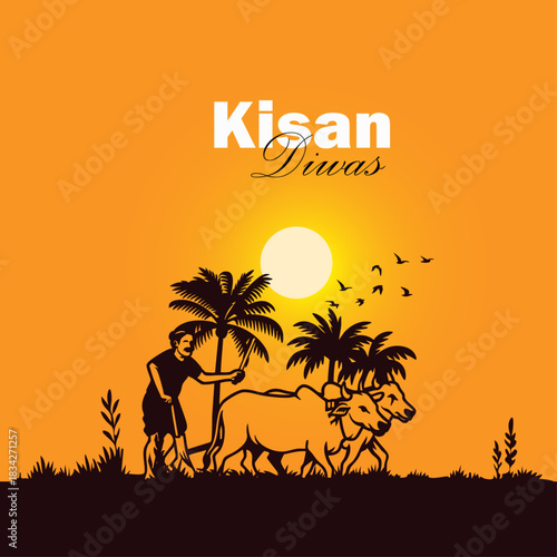 Kisan Diwas Farmer Silhouette Illustration with Oxen and Palm Trees at Sunset