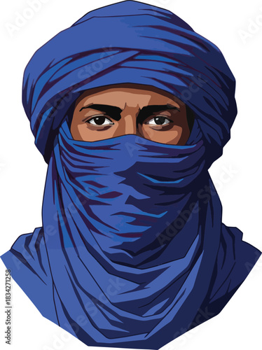 Portrait of a man in a blue turban with veiled face looking intently at the viewer vector illustration