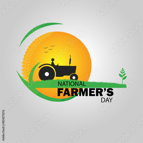 National Farmer’s Day Illustration with Tractor Silhouette and Sunrise Background