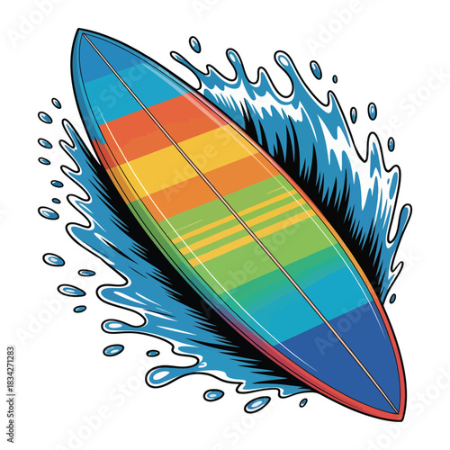 A surfboard with water splash effect, bright colors, transparent background.
