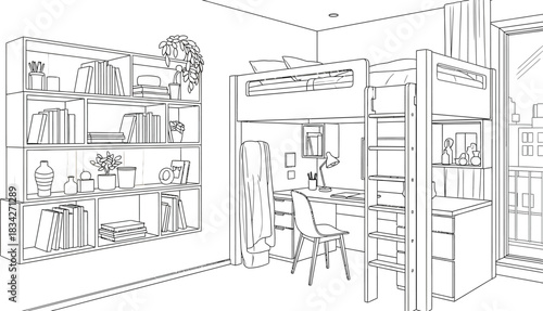 Modern dorm room interior with loft bed and desk in a minimalist line drawing