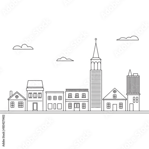 Minimalist City Skyline Vector Illustration: Town Architecture Outline Icons