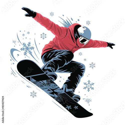 Vector silhouette of extreme winter sport athlete jumping on a snowboard in the air