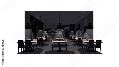 Pixel art interior of a dimly lit restaurant dining area with tables and chairs