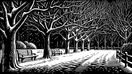 snowy park featuring old trees, frozen benches, and a soft winter atmosphere ideal for emotional Christmas 2026 illustrations