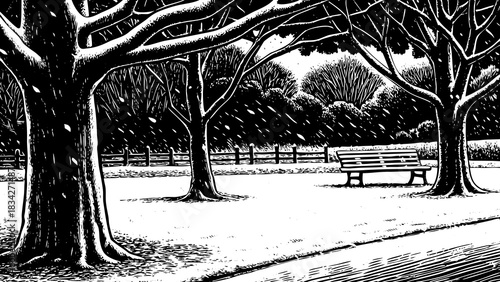 snowy park featuring old trees, frozen benches, and a soft winter atmosphere ideal for emotional Christmas 2026 illustrations