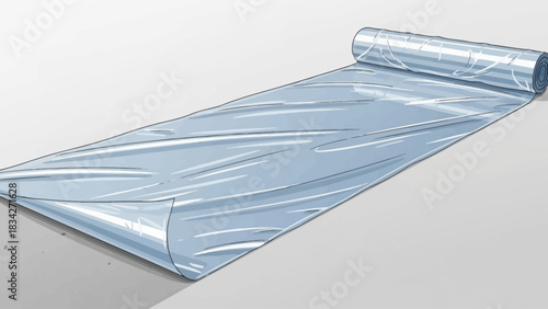 Roll of plastic sheeting partially unrolled over a light gray surface