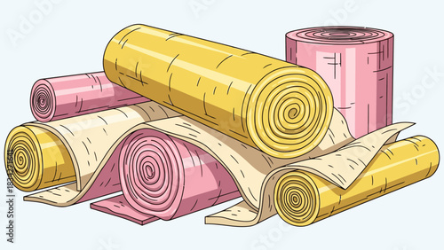 Rolls of pink and yellow fibrous insulation material stacked together