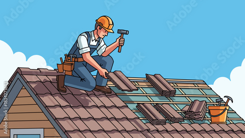 Roofer installing brown curved tiles on a sloped roof under a blue sky