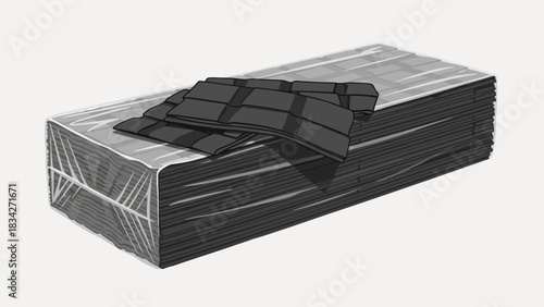 Stack of asphalt shingles wrapped and partially exposed on a white background