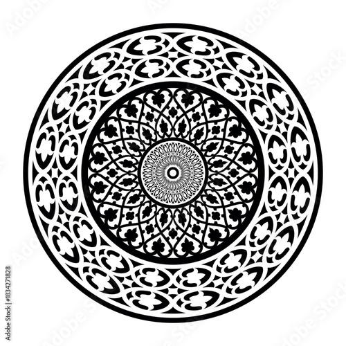 Ethnic decorative element. Islam, Arabic, Indian, ottoman motifs. Circle european border. Typical egyptian, assyrian and greek motives. For textiles, engraving, forging, embroidery, plate, medallion