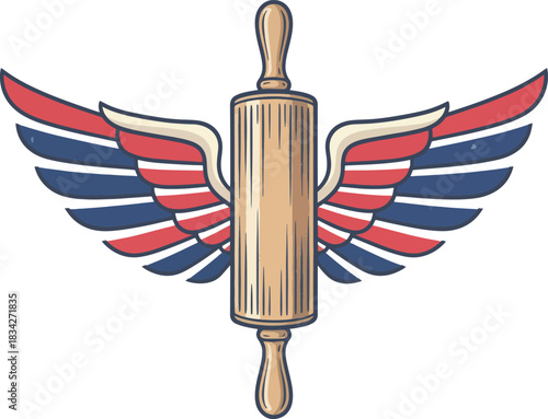 Rolling pin with wing illustration for bakery or pastry shop with red and blue elements on a white background
