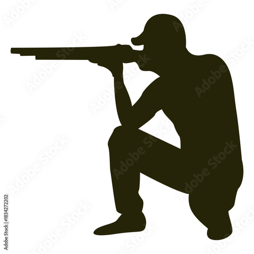 Hunter shotgun left facing aiming sitting