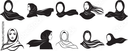 Elegant Hijab Vector Silhouette Set: Muslim Women's Headscarf, Niqab, and Abaya Fashion Collection