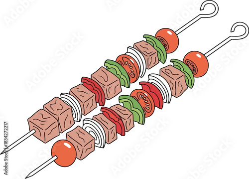 Two delicious looking shish kabobs with meat and vegetables on a white background