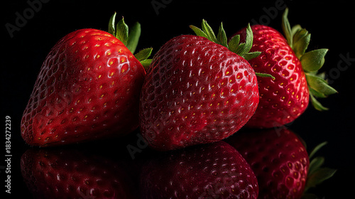 Wallpaper Mural Three vibrant red strawberries with green stems on a reflective black surface close up view Torontodigital.ca
