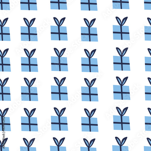 Vector seamless pattern with Christmas blue elements on an isolated white background. Animalistic and botanical print in a modern flat style with horses.