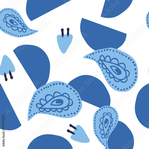 Vector seamless pattern with Christmas blue elements on an isolated white background. Animalistic and botanical print in a modern flat style with horses.