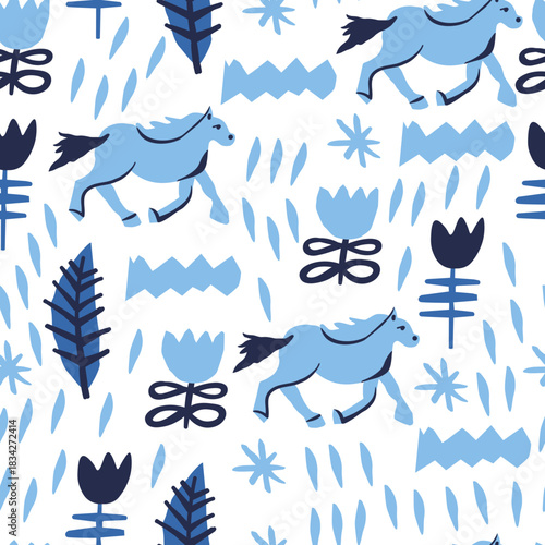 Vector seamless pattern with Christmas blue elements on an isolated white background. Animalistic and botanical print in a modern flat style with horses.