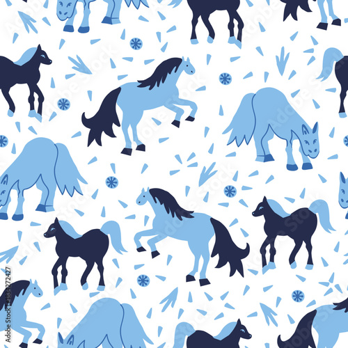 Vector seamless pattern with Christmas blue elements on an isolated white background. Animalistic and botanical print in a modern flat style with horses.