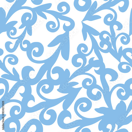 Vector seamless pattern with Christmas blue elements on an isolated white background. Animalistic and botanical print in a modern flat style with horses.