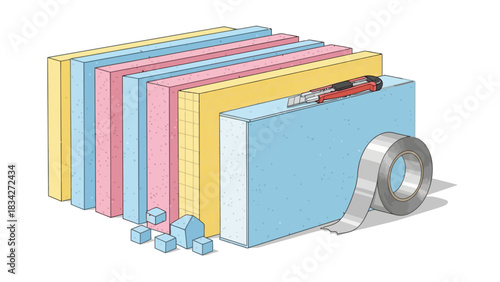 Stacked insulation boards in yellow pink and blue with utility knife and silver tape