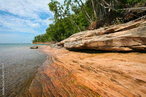 Scenic remote rocky beach on Lake Superior in Michigan