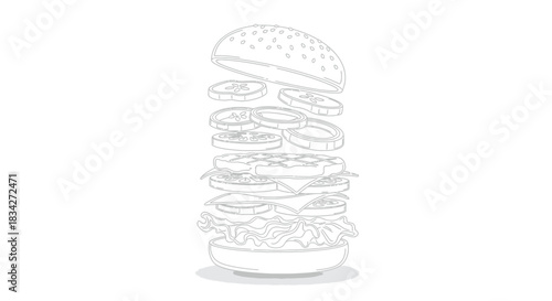 Exploded burger illustration with floating ingredients on a clean white background