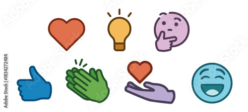 icons logo set reactions emoji template connection modern vector Like love Celebrate hand giving Support thinking lamp idea inspiration Insightful and Curious blue green red orange purple colour