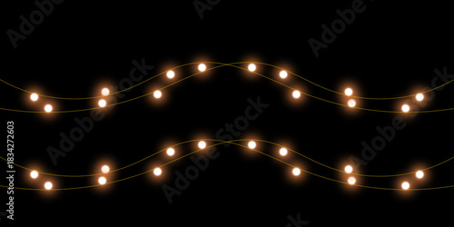 Two horizontal garlands of glowing warm yellow string lights hanging in a wavy pattern against a solid black background.