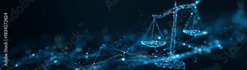 Digital representation of the scales of justice glows with blue light against a dark background